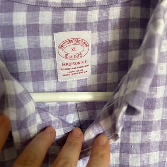 Brooks Brothers crisp linen gingham purple and white Madison Fit shirt - Picture 6 of 7